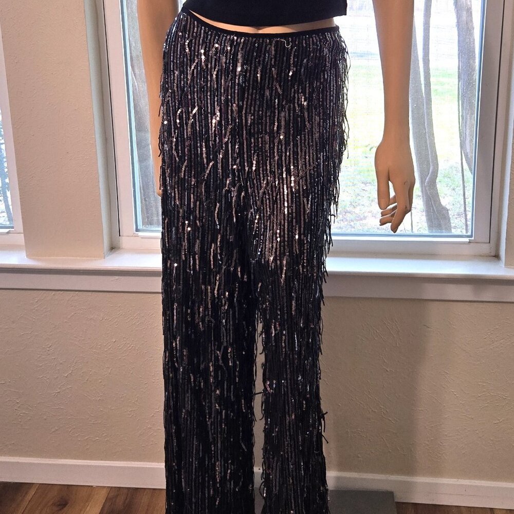 Anthropologie Black Sequined Sequin Fringe Party Trousers Pants 14 Maeve